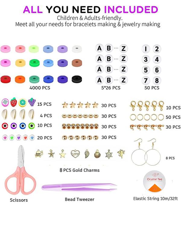 Beaded Making Kit, Solid Color Beads & Letter Print Beads & Elastic Thread & Other Accessories, Jewelry Making Supplies for Bracelet & Necklace Making