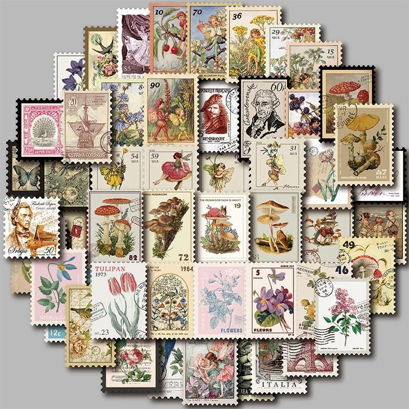 Random Cartoon Flower & Character Pattern Stamp Sticker, 50pcs Waterproof DIY Decoration For Scrapbooking, Crafts And Room Wall Decor, Scrapbooking Supplies