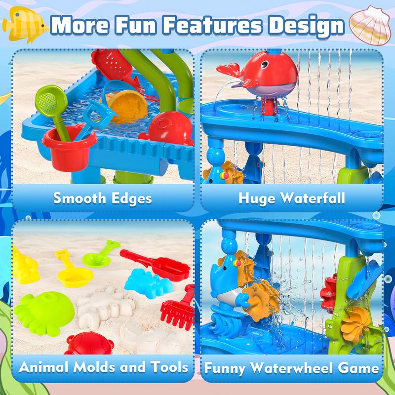 deAO 4-Tier Sand and Water Table Beach Summer Toys Sandbox Table Outdoor Activity Sensory Play Table with Dolphin Water Wheel, Molds,Sand Water Toys for Outdoor Backyard