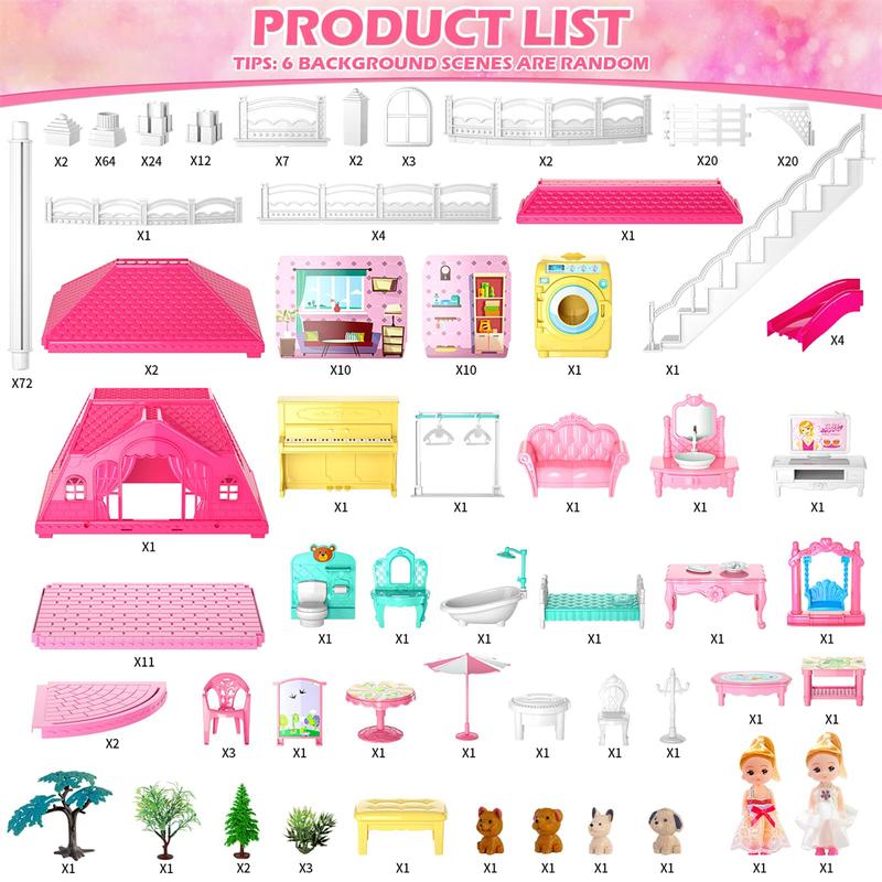 Dollhouse, Fantasy Dollhouse Furniture Pink Girls Toys, 4 Tier 10 Room Dollhouse with 2 Princess Slide Accessories, Playhouse Gift Gift Set,