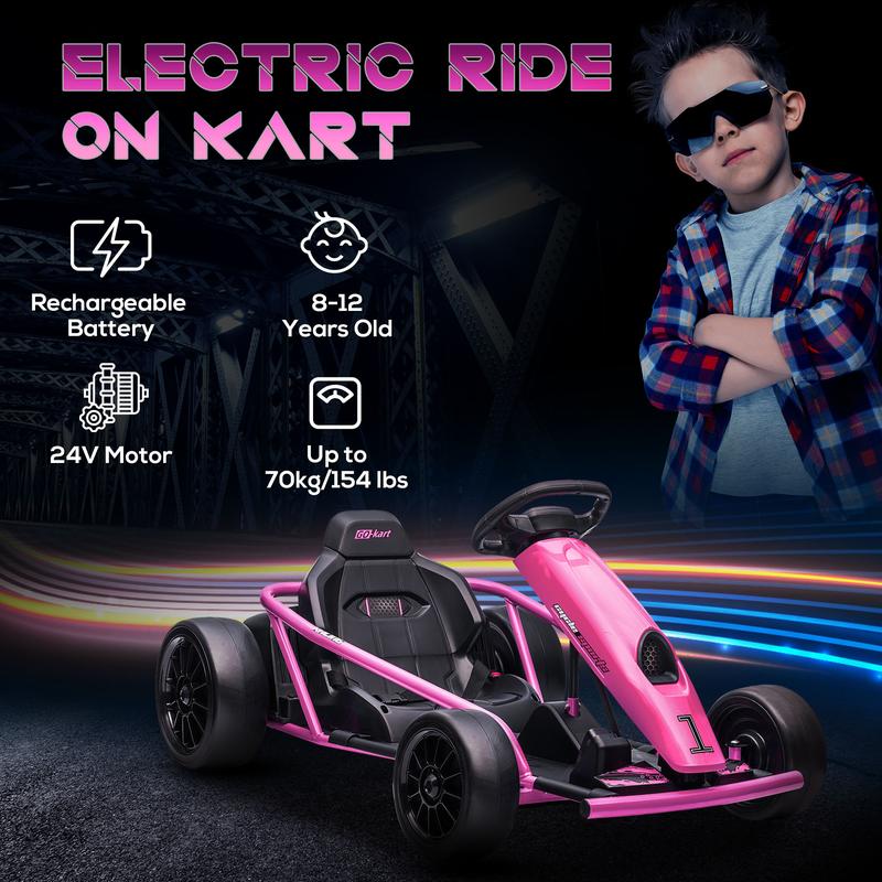 Aosom 24V 8.1 MPH Electric Go Kart, Drifting Car Battery Powered Ride on Toy Outdoor with Slow Start, Music, Horn Honking and Safety Belt, for 8-12 Years Old