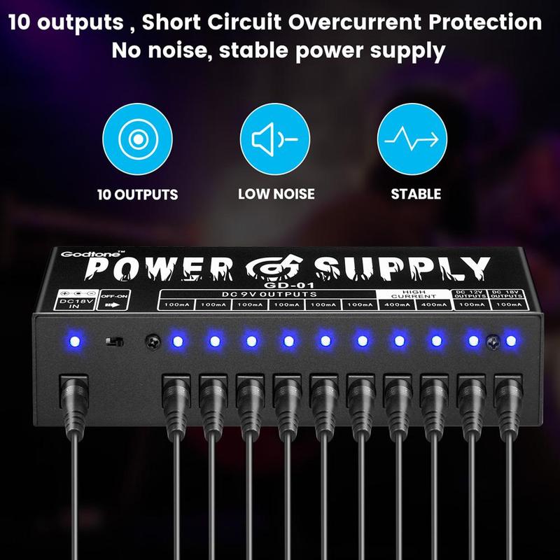 Guitar Pedal Power Supply (1 Set), 10 Isolated Dc Output Effect Pedal Power Supply with Short Circuit Protection & Overcurrent Protection, Music Accessories for Guitar, Stocking Fillers Gift