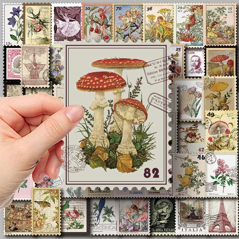 Random Cartoon Flower & Character Pattern Stamp Sticker, 50pcs Waterproof DIY Decoration For Scrapbooking, Crafts And Room Wall Decor, Scrapbooking Supplies