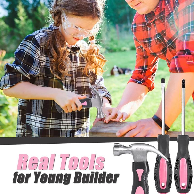 REXBETI 18pcs Pink Young Builder's Tool Set with Real Hand Tools, Reinforced Kids Tool Belt, Waist 20