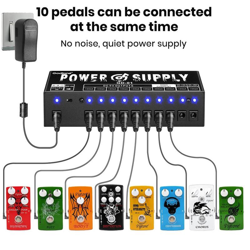 Guitar Pedal Power Supply (1 Set), 10 Isolated Dc Output Effect Pedal Power Supply with Short Circuit Protection & Overcurrent Protection, Music Accessories for Guitar, Stocking Fillers Gift