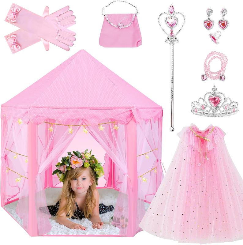 Princess Play Tent with 10-Piece Dress-Up Cape Set for Girls: Large Indoor Outdoor Castle Playhouse with LED Star Lights Pink Princess Castle Tent with Fairy Lights