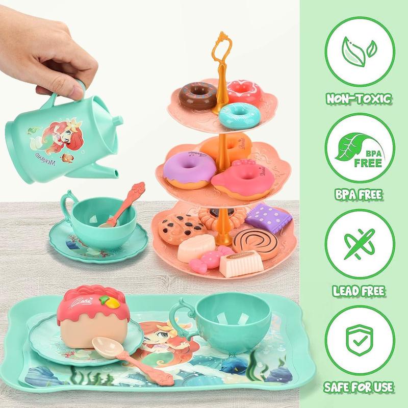 Mermaid Tea Party Set for Little Girls - Pretend Plastic Teapot Set, Princess Tea Time Play Kitchen Toy with Cups, Plates, and Carrying Case - Birthday Gifts for Kids Toddlers Age 3 4 5 6