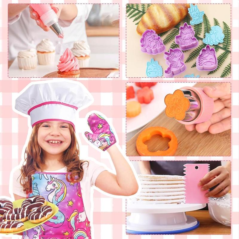 Christmas Kids Cooking and Baking Set with Storage Case Complete Cooking Supplies Kids Baking Kit Pretend Play Cooking Toys Unicorn Apron and Chef Hat for Girls & Boys