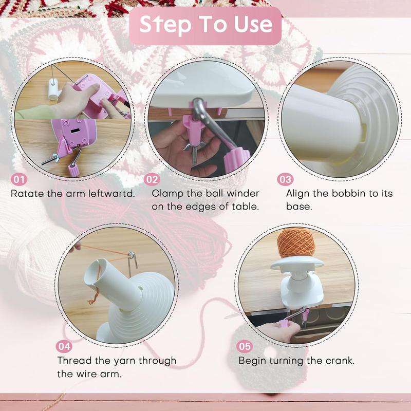 Manual Yarn Ball Winder with Holder, Hand-Operated Swift for Fiber String Yarn (Pink)