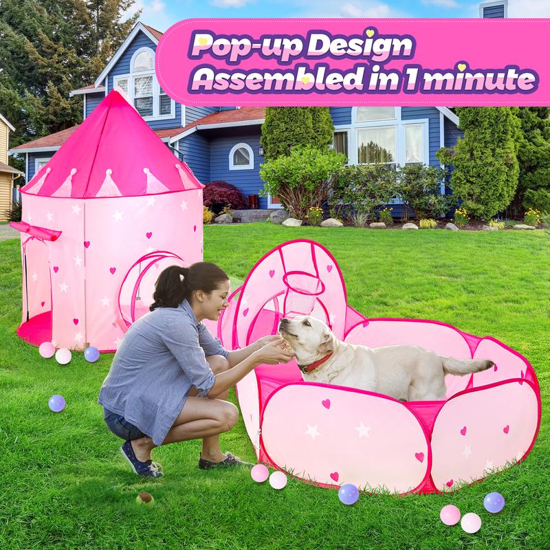 3pc Pink Play Tent Ball Pit for 4-12 Years with Tunnel Pop up Princess Toys Indoor Outdoor Game indoor tent pit tunnel crawl tunnel