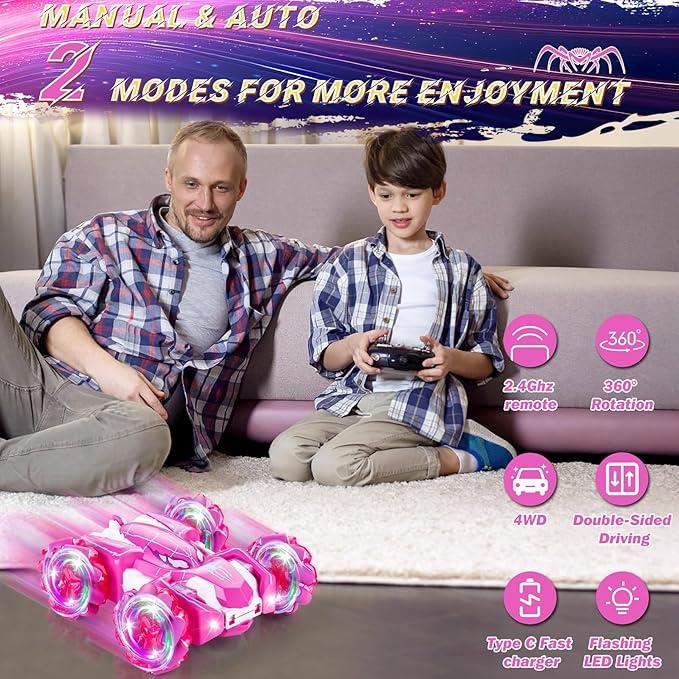 Pink Spider Remote Control Car - 2.4Ghz Double Sided with LED Light. 360° Rotating RC Drift Car, 4WD Rechargeable RC Stunt Car