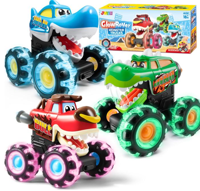 JOYIN 3 Pack Monster Truck Toy - Motion Activated Light-Up Cars for Toddlers - Monster Treads Lightning Wheels