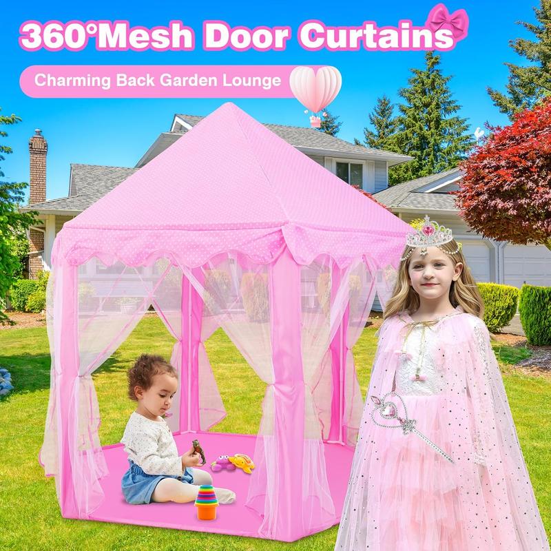 Princess Play Tent with 10-Piece Dress-Up Cape Set for Girls: Large Indoor Outdoor Castle Playhouse with LED Star Lights Pink Princess Castle Tent with Fairy Lights