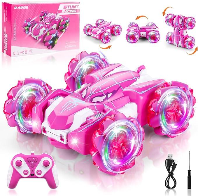 Pink Spider Remote Control Car - 2.4Ghz Double Sided with LED Light. 360° Rotating RC Drift Car, 4WD Rechargeable RC Stunt Car