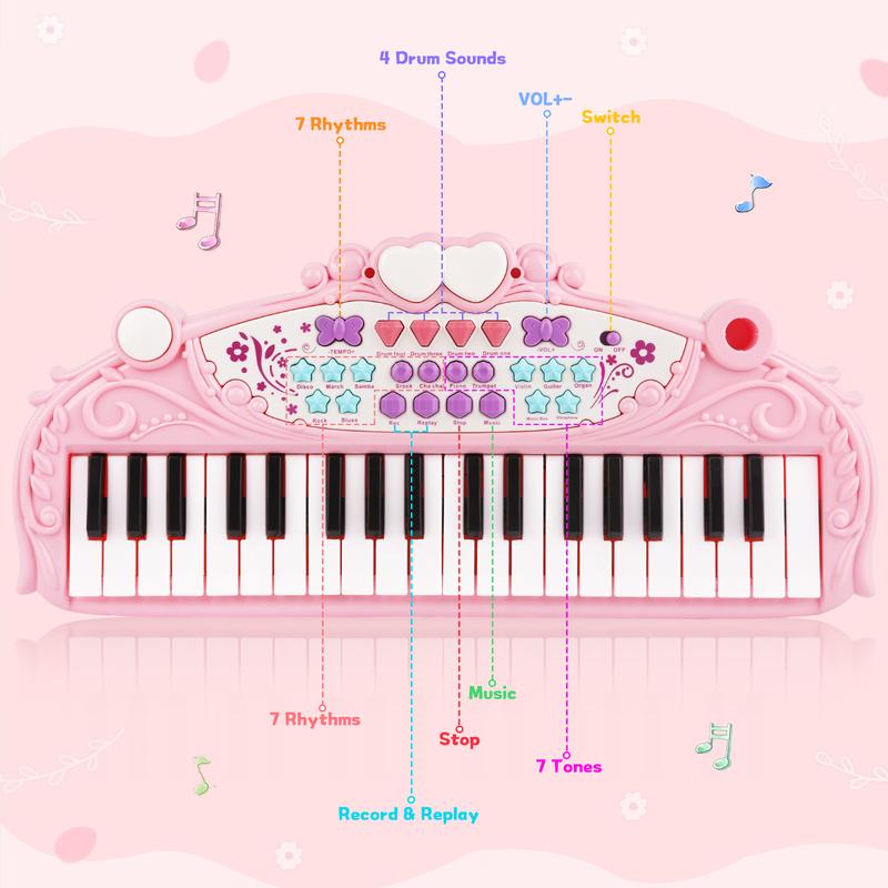 Musical Toys for 3+ Year Old Girls - Kids Piano Keyboard 37 Keys Piano with Microphone Portable Electronic Keyboards Musical Instrument Educational Toys Birthday Gifts for Girls Age 3-6