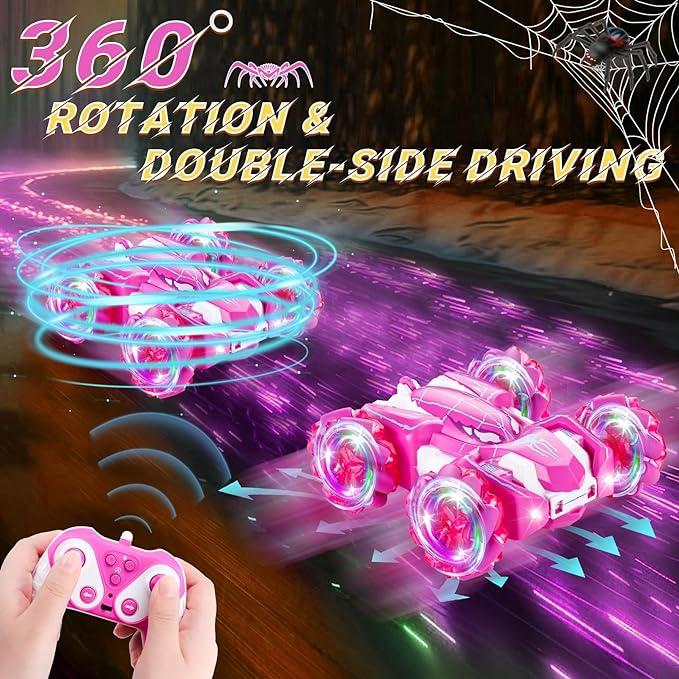 Pink Spider Remote Control Car - 2.4Ghz Double Sided with LED Light. 360° Rotating RC Drift Car, 4WD Rechargeable RC Stunt Car