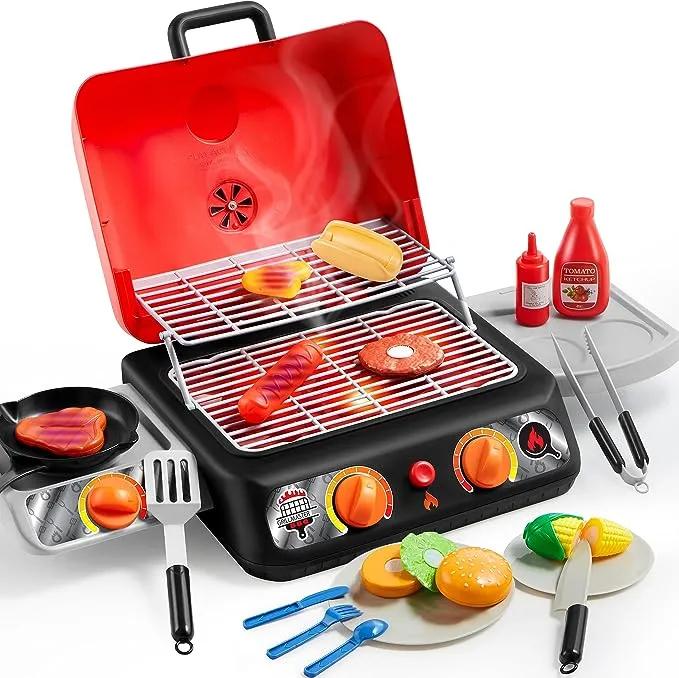  Kids Barbecue Grill Playset with Pretend Light, Sound & Color-Changing Food, Little Chef Play For Kitchen Toy Gift