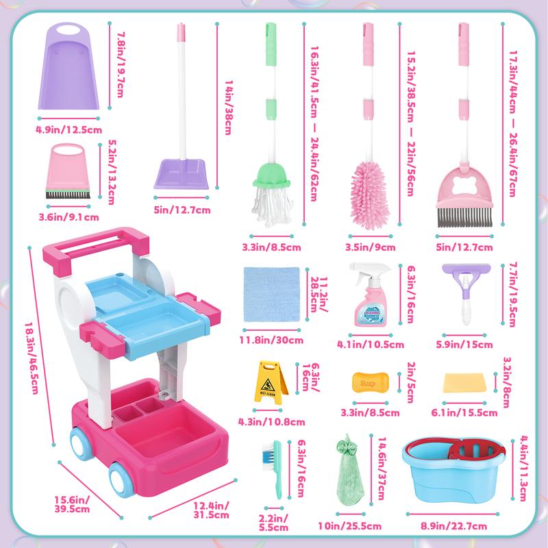 deAO Toy Cleaning Set – Play Housekeeping and Janitor Accessories Cart – Pretend Broom, Mop and Dustpan Christmas Gift Toys