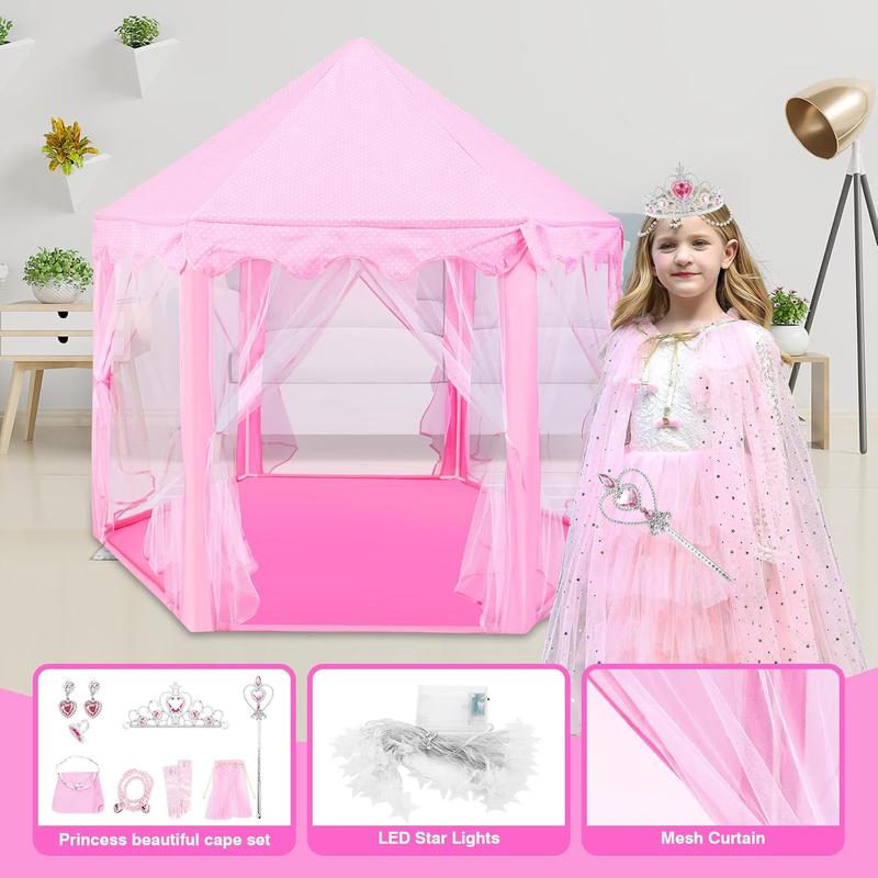 Princess Play Tent with 10-Piece Dress-Up Cape Set for Girls: Large Indoor Outdoor Castle Playhouse with LED Star Lights Pink Princess Castle Tent with Fairy Lights