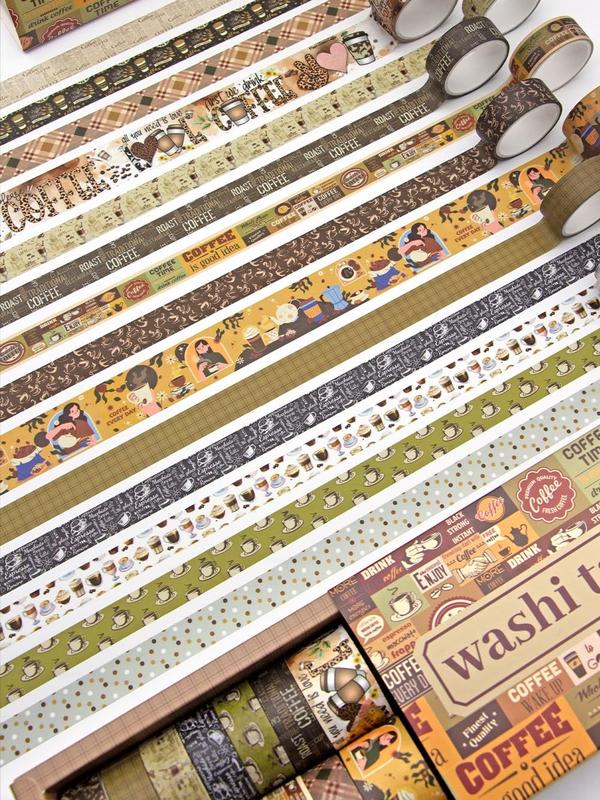 Vintage Crafts Coffee Themed Washi Tape Set - 14 Rolls for Scrapbooking Supplies