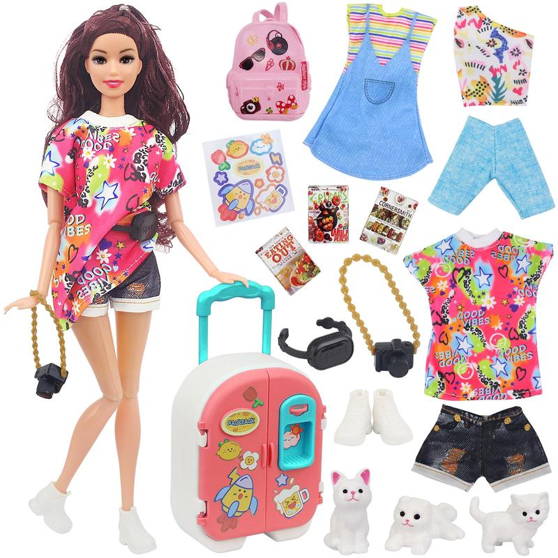 16 Pcs Doll Clothes and Accessories for 11.5 Inch Girl Dolls, Fashion Travel Suitcase Set Including Blue Jean Skirts, Bags, Food Magazines etc