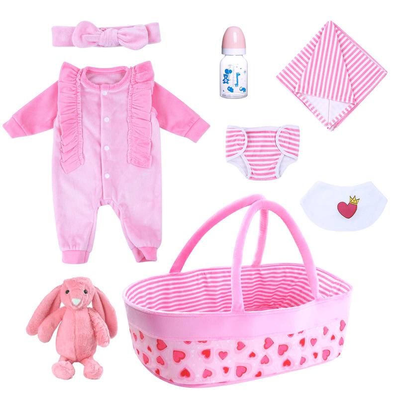 BABESIDE 8 Pcs Reborn Baby Doll Clothes with Bassinet for 17-22 Inch Baby Doll, Baby Doll Clothes Outfit Accessories fit Newborn Baby Doll Girl