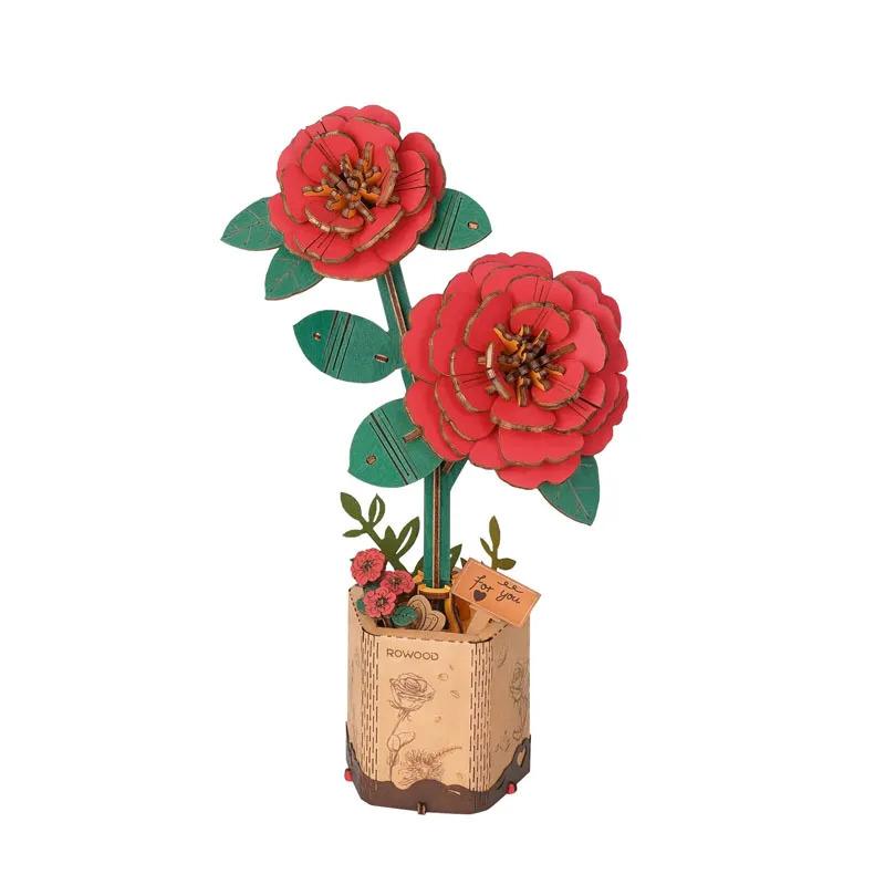 Robotime Wowood 3D Flower Wooden Puzzles for Adults-Red Camellia, DIY Wooden Flowers Model Kit Building Set Crafts (113PCS)  TW031 Red Camellia