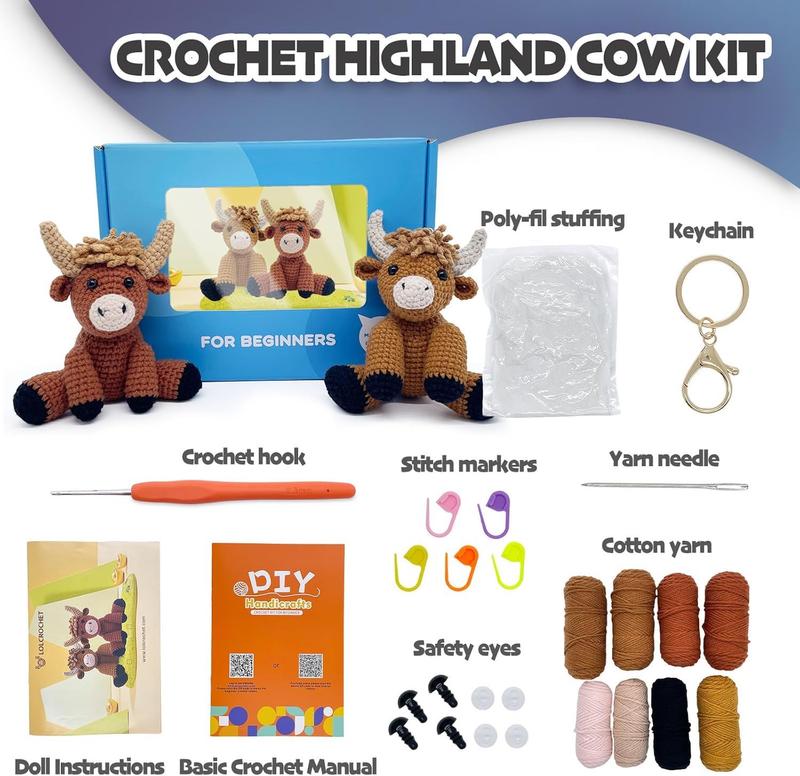 Highland Cows Amigurumi Crochet Kit for Beginners | Easy Crochet Starter Set with Step-by-Step Video Tutorial | Perfect Gift for Kids and Adults | Fun Crochet Animals for Christmas