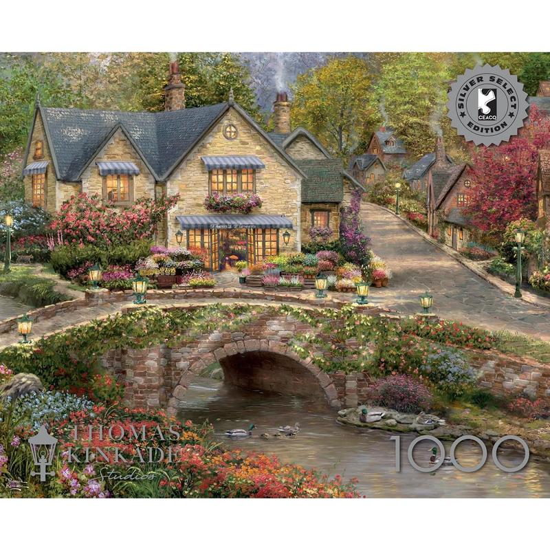 Silver Select - Thomas Kinkade - Summer in Cobblestone Village - 1000 Piece Jigsaw Puzzle for Adults Challenging Puzzle Perfect for Game Nights