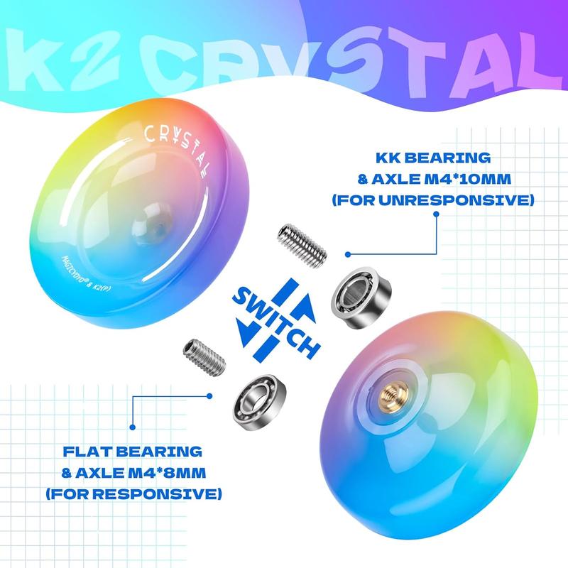 MAGICYOYO Yoyo K2 Crystal - Professional Responsive Yoyo for Kids Beginners, Dual Purpose Yo-Yo for Advanced + Extra Unresponsive Yo Yo Bearing - Solid Color Gradient Series