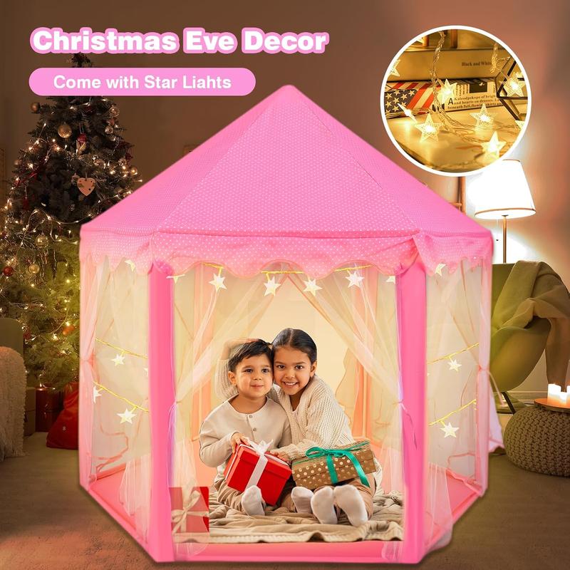 Princess Play Tent with 10-Piece Dress-Up Cape Set for Girls: Large Indoor Outdoor Castle Playhouse with LED Star Lights Pink Princess Castle Tent with Fairy Lights