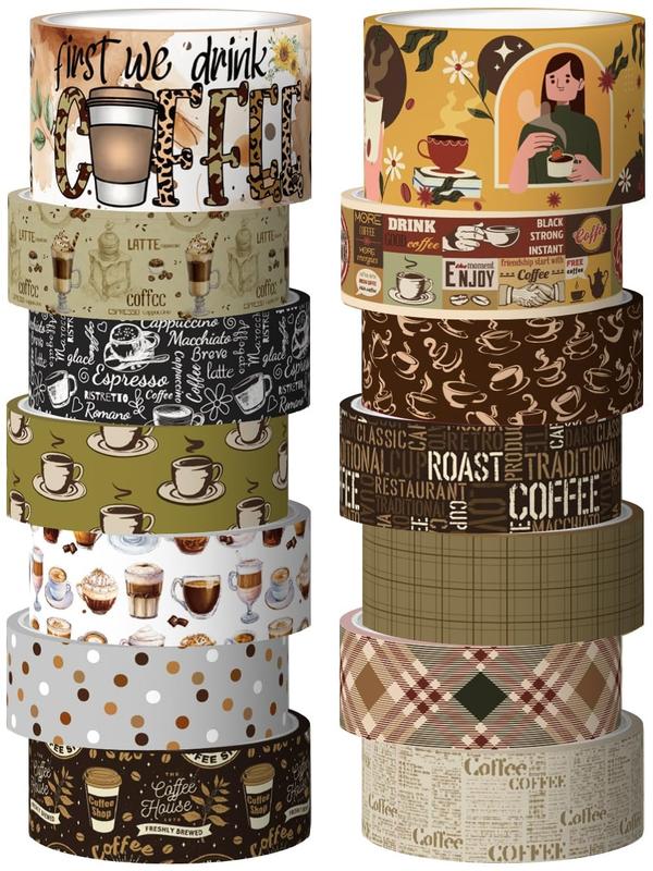 Vintage Crafts Coffee Themed Washi Tape Set - 14 Rolls for Scrapbooking Supplies