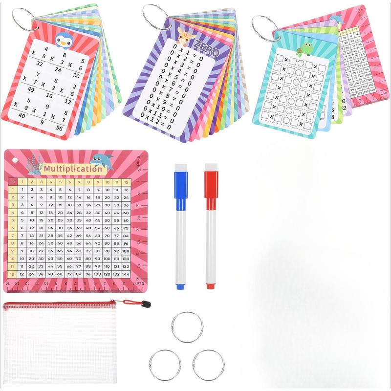 13 Pcs Multiplication Flashcards, Multiplication Table Flashcards with 2 Dry Erase Markers 2 Ring Multiplication Table Math Flashcards for Kids Boys Girls Learning Tools