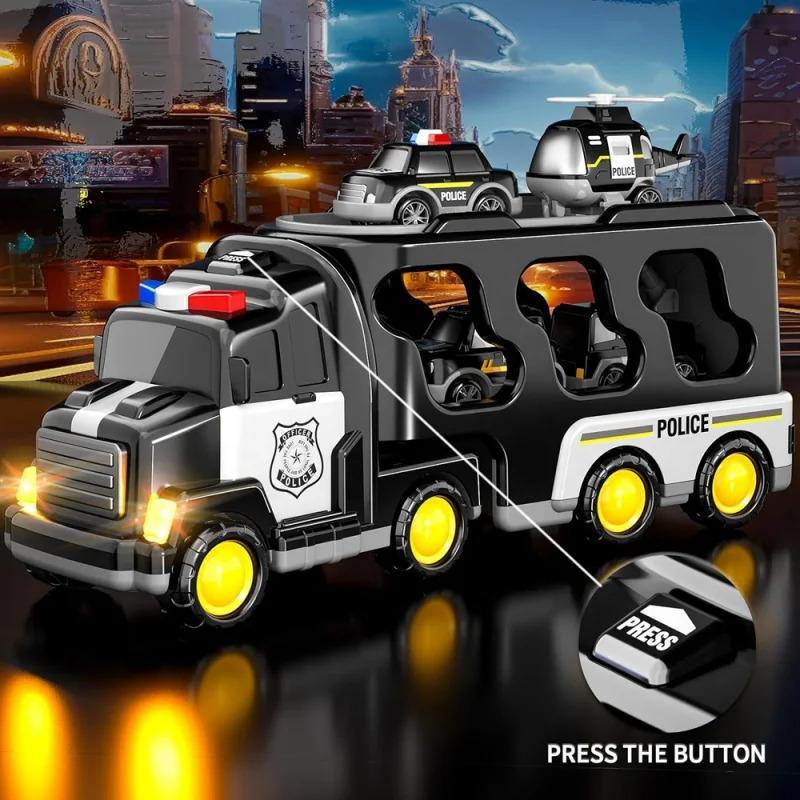 5 in 1 Inertial Double-deck Police Vehicle Toy, 1 Set Friction Power Transport Truck, Police Carrier Truck Toy with Lights Music, Toy Car for Boys