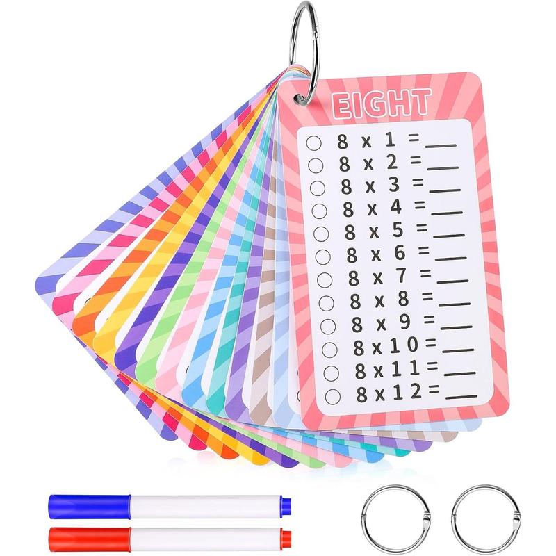 13 Pcs Multiplication Flashcards, Multiplication Table Flashcards with 2 Dry Erase Markers 2 Ring Multiplication Table Math Flashcards for Kids Boys Girls Learning Tools