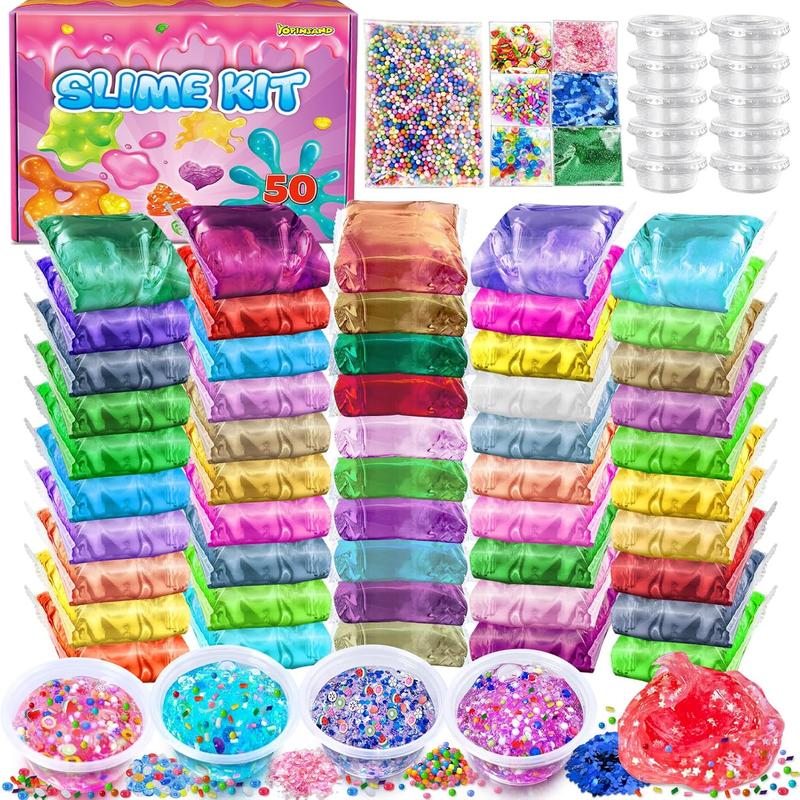 50 Pack DIY Slime Kit, Slime Making Kit for Girls, Crystal Clear Slime, Premade Slime with Add-ins, Foam Balls, Glitters, Slime Party Favors Gift Toys for Kids 3-12