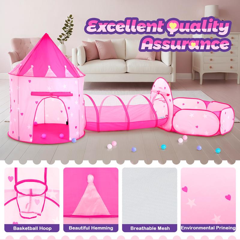 3pc Pink Play Tent Ball Pit for 4-12 Years with Tunnel Pop up Princess Toys Indoor Outdoor Game indoor tent pit tunnel crawl tunnel