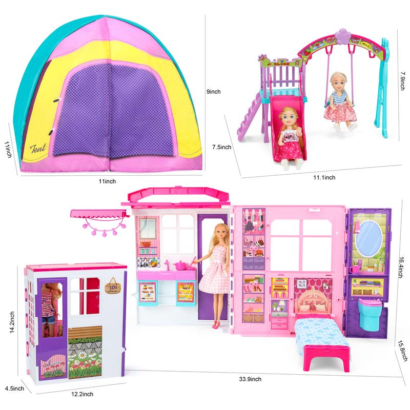 Foldable Dollhouse w  60+ Pcs & 2 Dolls, Play House Toy with Bedroom Kitchen Furniture Camping Playset, Playhouse Birthday Gift for Girl Kid Toddler