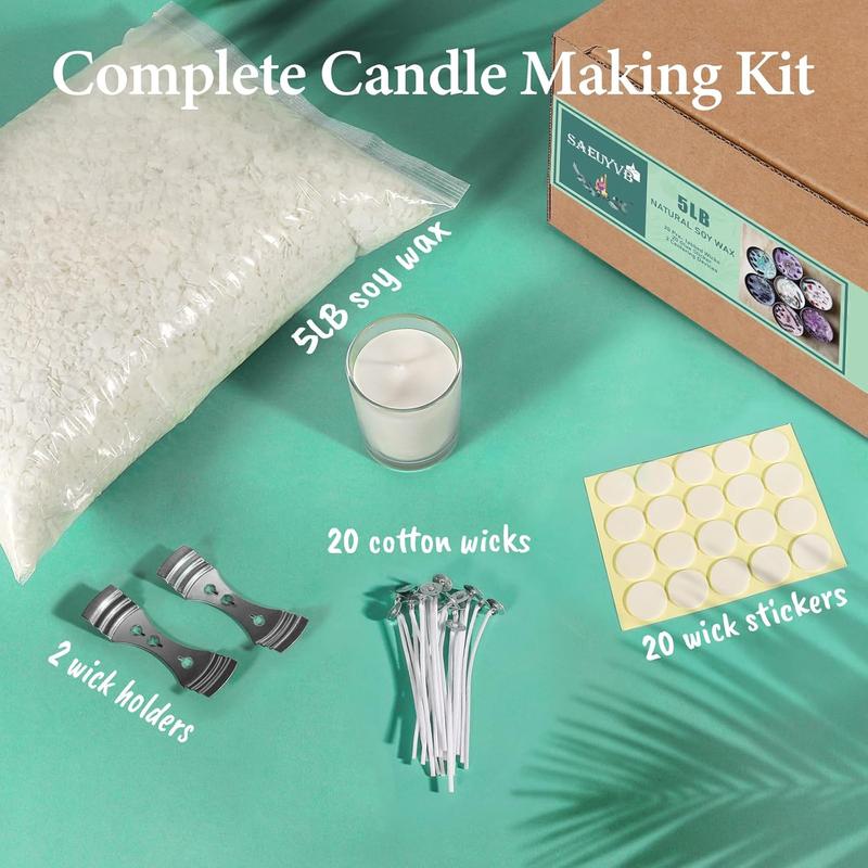 HZBSAEUYVB Soy Candle Wax for Candle Making - Natural Soy Wax for Candle Making 5 lbs Bag, Premium Soy Wax Flakes, 20 Cotton Candle Wicks, 20 Wick Stickers & 2 Centering Devices