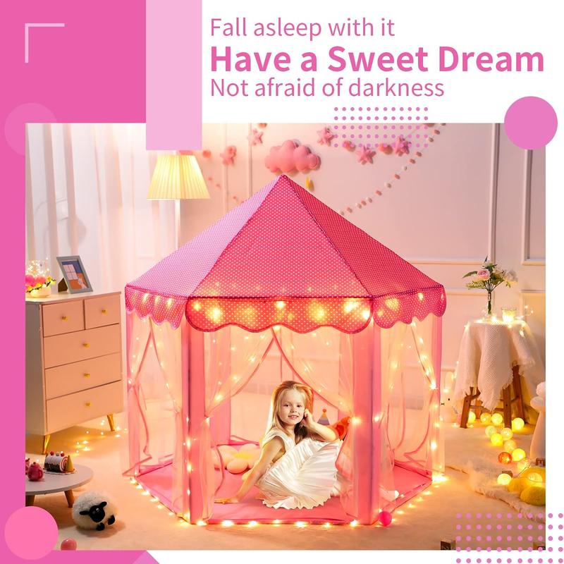 stle Tent for Girls - Pink Hexagon Playhouse with Fairy Star Lights, Indoor Outdoor Kids Play Tent, Perfect Christmas Gift for Toddlers & Children