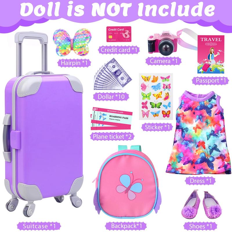 18 Inch Doll Playset with Suitcase, Dresses, Shoes, Backpack and Other Doll DIY Butterfly Stuff for Girl Doll Gift Present for Children (NOT Includ Doll)