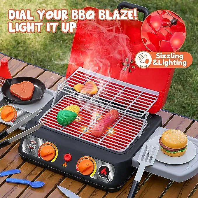  Kids Barbecue Grill Playset with Pretend Light, Sound & Color-Changing Food, Little Chef Play For Kitchen Toy Gift