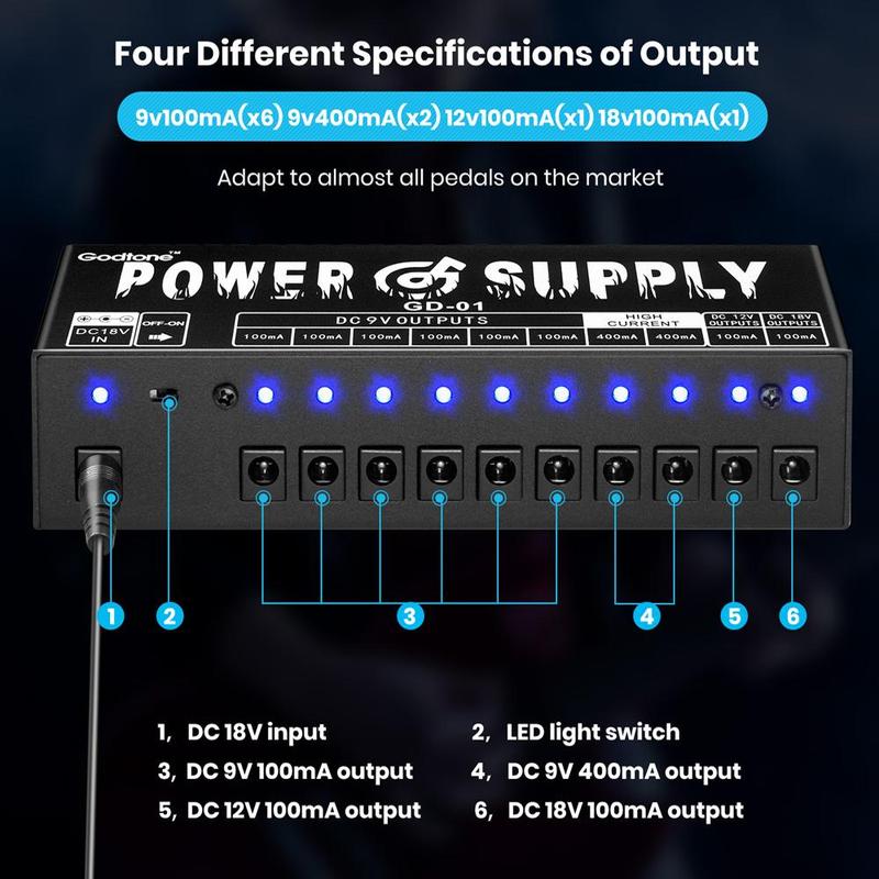 Guitar Pedal Power Supply (1 Set), 10 Isolated Dc Output Effect Pedal Power Supply with Short Circuit Protection & Overcurrent Protection, Music Accessories for Guitar, Stocking Fillers Gift