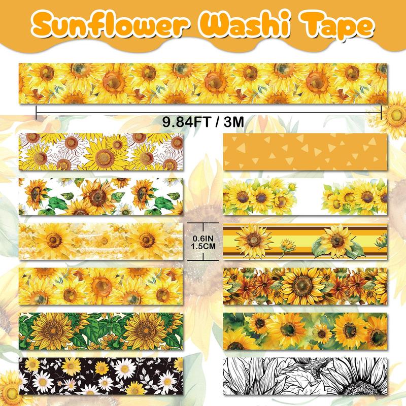 Sunflower Pattern Washi Tape (12 Rolls set), Decorative Tape, DIY Decorative Tape for Journaling Supplies, Scrapbooking, Gift Wrapping