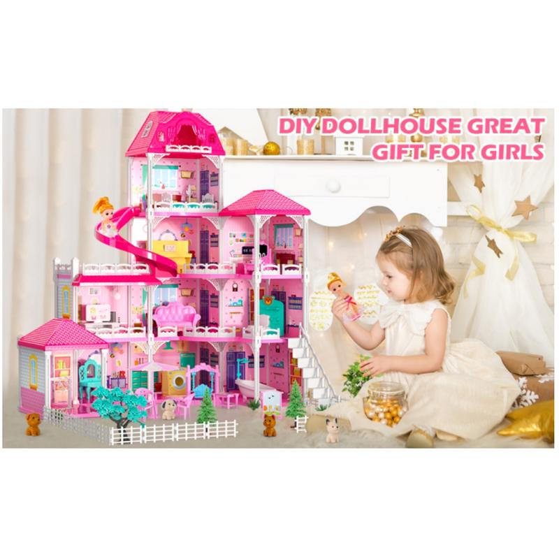 Dollhouse, Fantasy Dollhouse Furniture Pink Girls Toys, 4 Tier 10 Room Dollhouse with 2 Princess Slide Accessories, Playhouse Gift Gift Set,