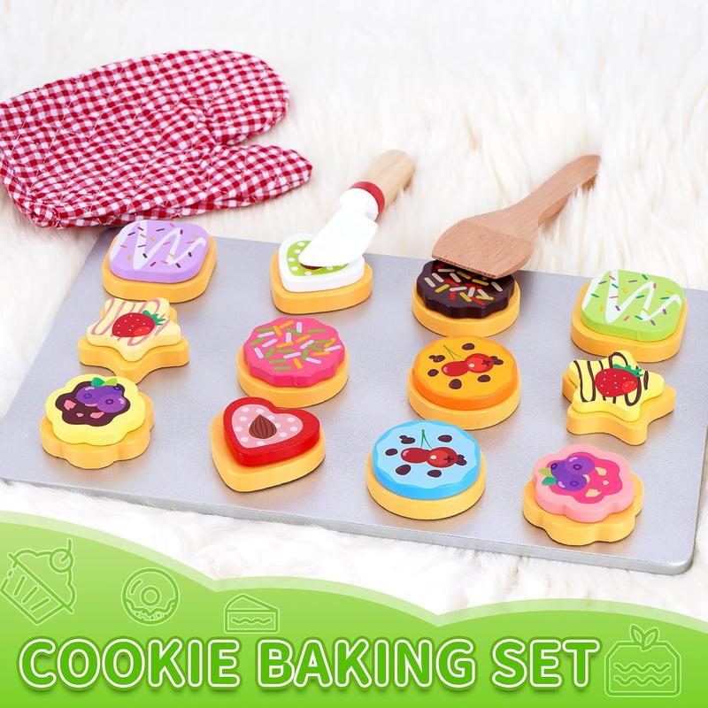 Christmas Gift Slice and Bake Wooden Cookie Play Food Set for Kids Kitchen , Toy Food Accessories, Kids Pretend Cookies and Baking Sheet