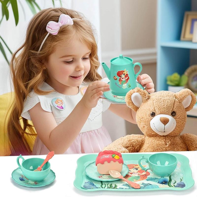 Mermaid Tea Party Set for Little Girls - Pretend Plastic Teapot Set, Princess Tea Time Play Kitchen Toy with Cups, Plates, and Carrying Case - Birthday Gifts for Kids Toddlers Age 3 4 5 6