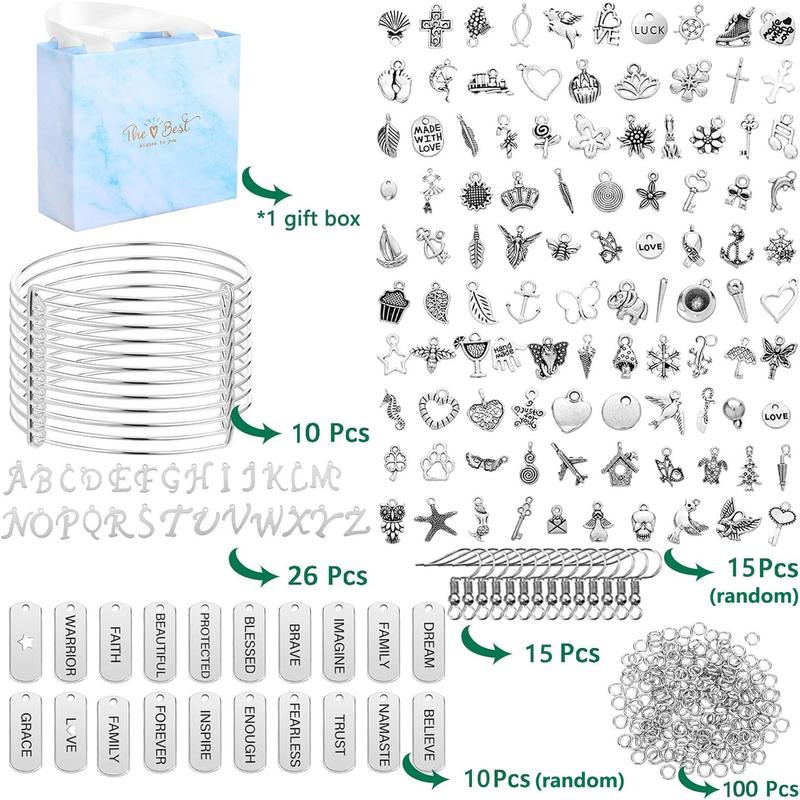 DIY Bracelet Making Kit, 171pcs set Bangles Jewelry Making Accessories Including 10pcs Adjustable Bangle, 51pcs Charm Pendants, 100pcs Jump Rings, 15pcs Earhooks & Gift Box