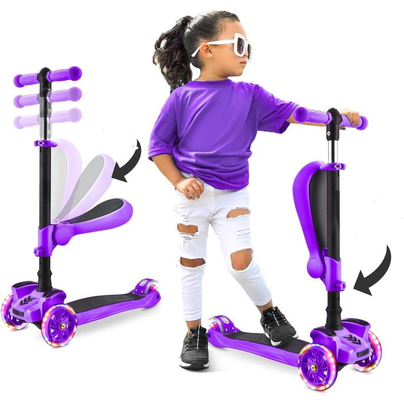 3-Wheeled Scooter for Kids - Wheel LED Lights, Adjustable Lean-to-Steer Handlebar, and Foldable Seat - Sit or Stand Ride with Brake for Boys and Girls Ages 1-14 Years Old