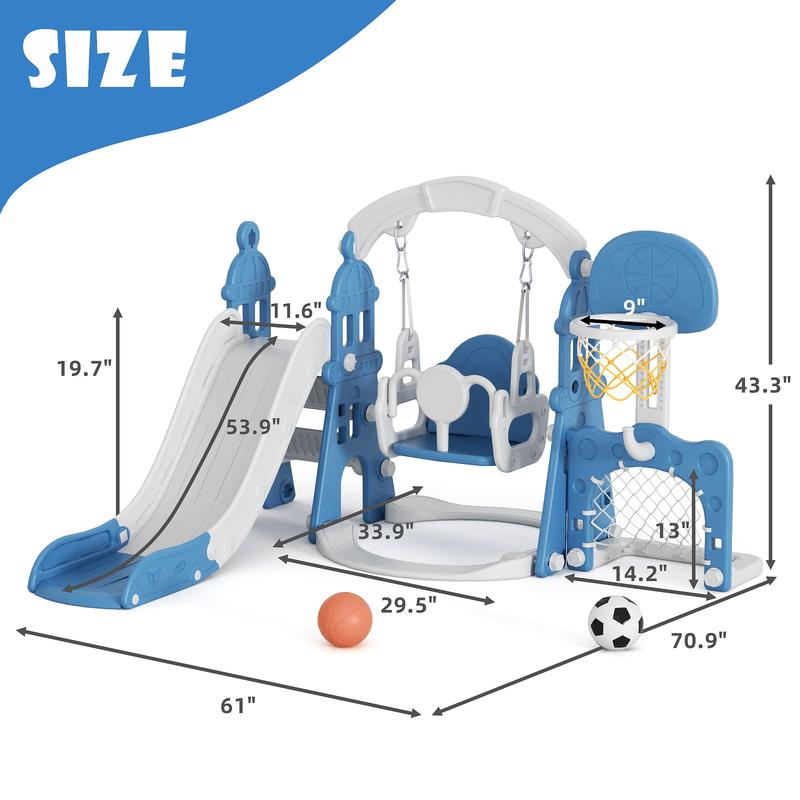 KORIMEFA 5 in 1 Kids Slide and Swing Set with Basketball Hoop, Soccer net and Climbing Ladder - Multifunctional Play Center for Active Fun for Kids Age 3-4 years